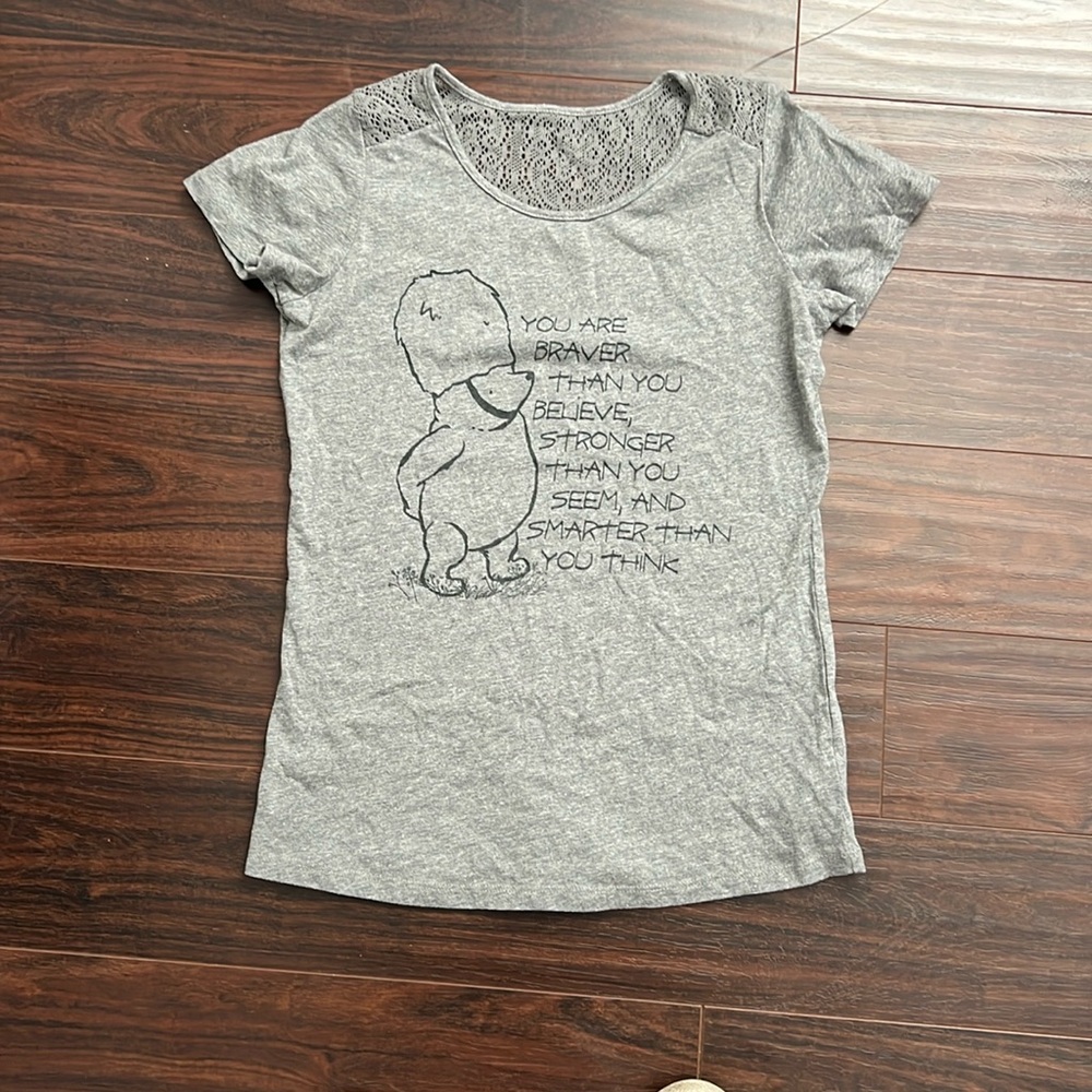 Disney Parks Women’s gray Winnie the Pooh brave tshirt with back lace size small